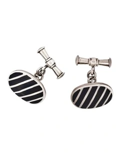 Striped Sterling Silver Oval Cufflinks with Black Lacquer on Chain