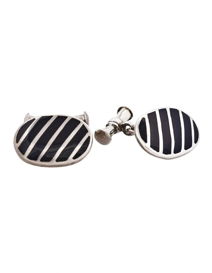 Striped Sterling Silver Oval Cufflinks with Black Lacquer on Chain image 2