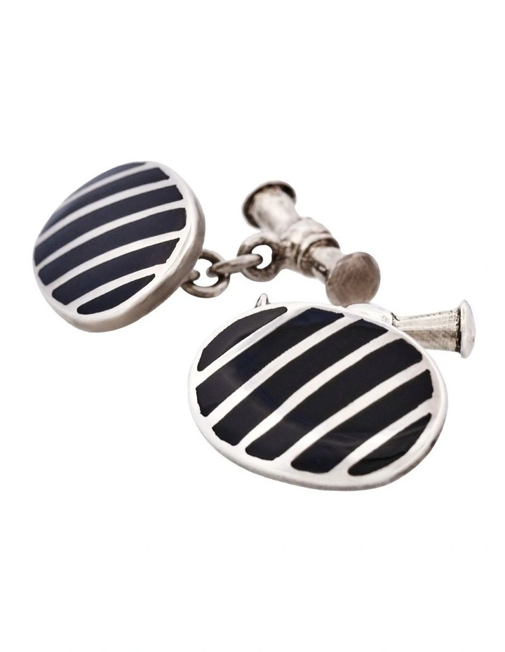 Striped Sterling Silver Oval Cufflinks with Black Lacquer on Chain image 3