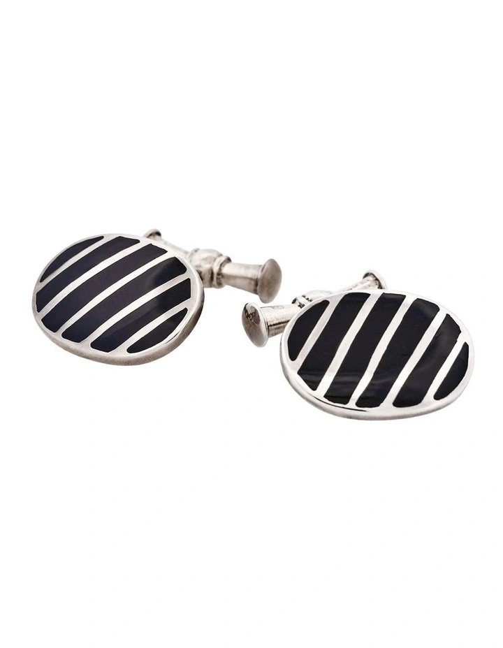Striped Sterling Silver Oval Cufflinks with Black Lacquer on Chain image 4
