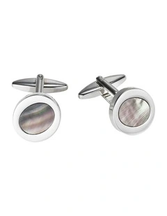 Polished Rhodium Plated Round Cufflinks with An Oval Grey Mother Of Pearl Inlay