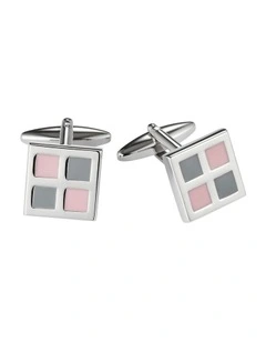 Polished Rhodium Plated Square Cufflinks with Pink & Grey Enamel Inlay