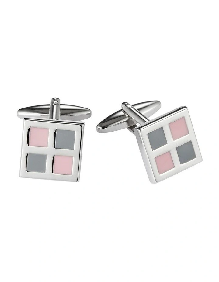 Polished Rhodium Plated Square Cufflinks with Pink & Grey Enamel Inlay image 1