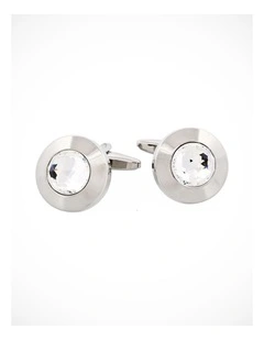 Polished Rhodium Round Large Crystal Centre Cufflinks
