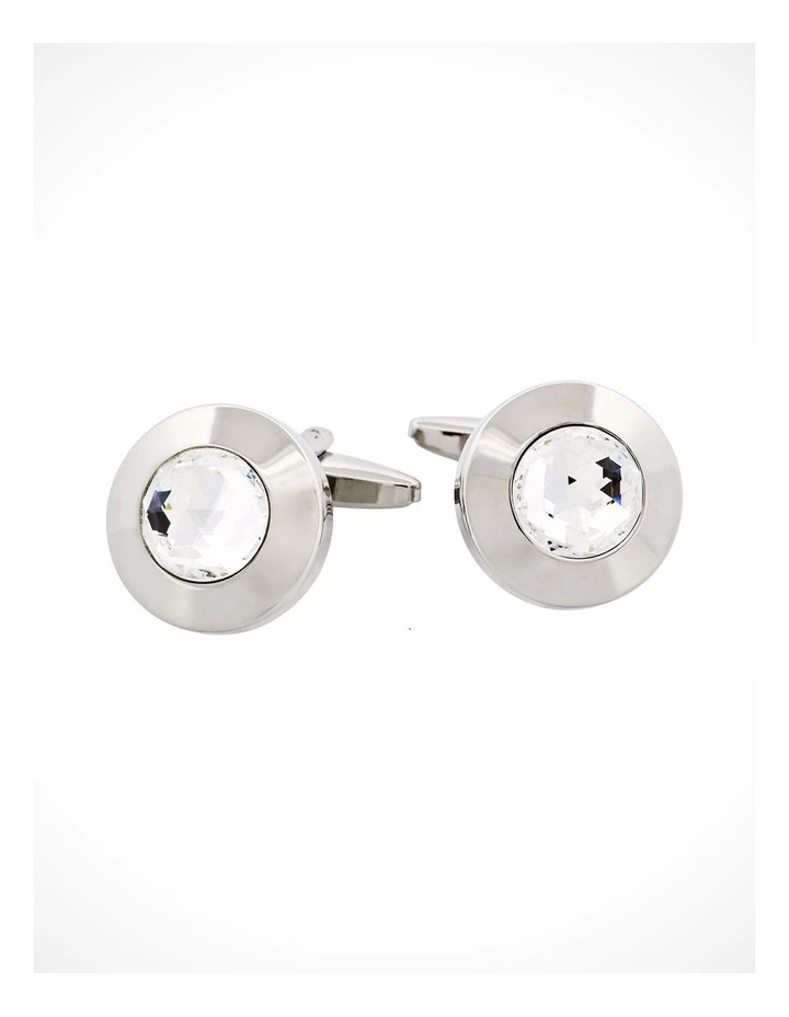 Polished Rhodium Round Large Crystal Centre Cufflinks image 1