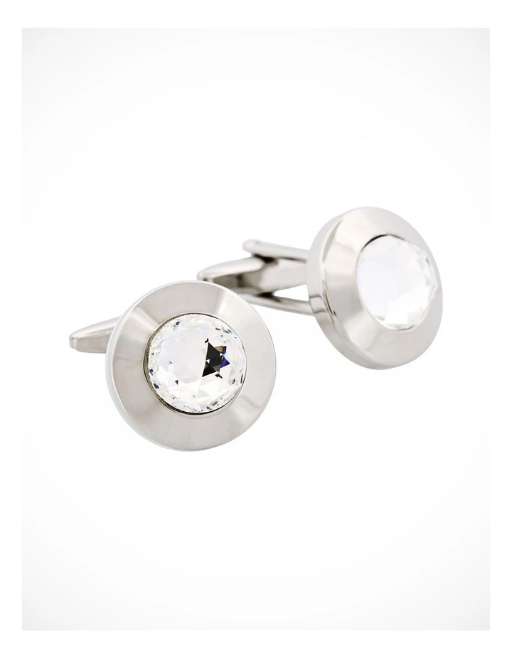 Polished Rhodium Round Large Crystal Centre Cufflinks image 2