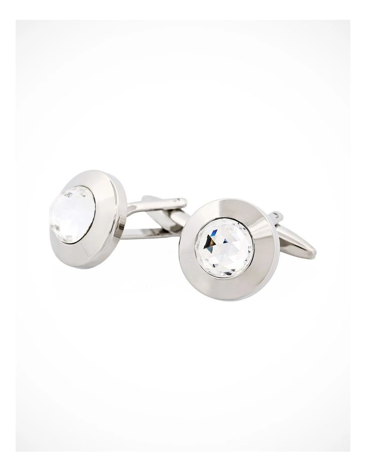 Polished Rhodium Round Large Crystal Centre Cufflinks image 3