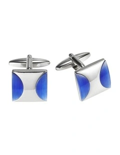 Polished Rhodium Plated Square Cufflinks with Twin Azure Blue Half Moon Cats Eye Inlays