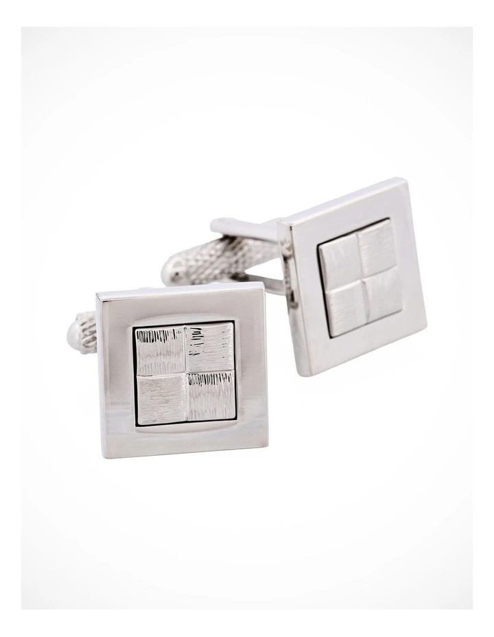 Brushed Rhodium Plated Cufflinks with Hessian Center Design image 3