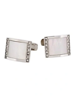 Rhodium Plated Sterling Silver Cufflinks with Square Mother Of Pearl Inlay & Cubic Zirconia Edges