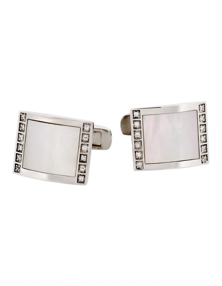Rhodium Plated Sterling Silver Cufflinks with Square Mother Of Pearl Inlay & Cubic Zirconia Edges image 1