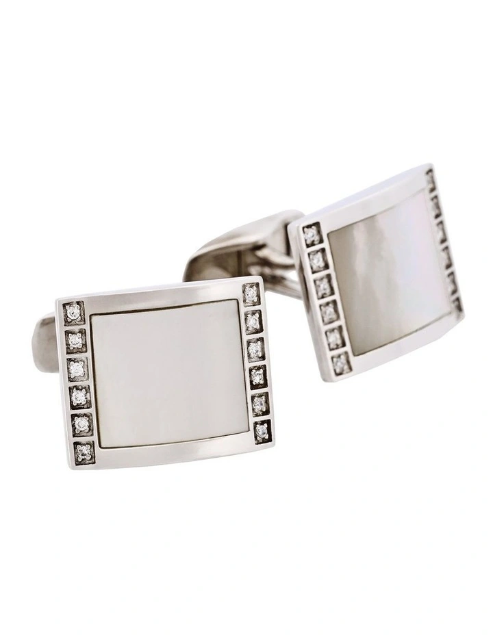 Rhodium Plated Sterling Silver Cufflinks with Square Mother Of Pearl Inlay & Cubic Zirconia Edges image 2