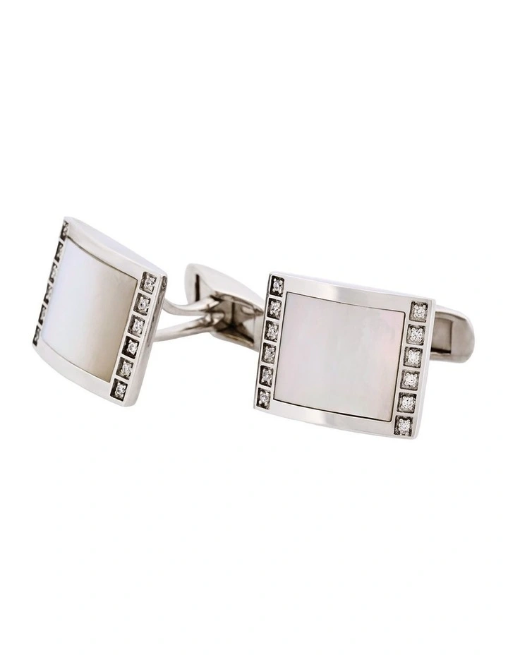 Rhodium Plated Sterling Silver Cufflinks with Square Mother Of Pearl Inlay & Cubic Zirconia Edges image 3