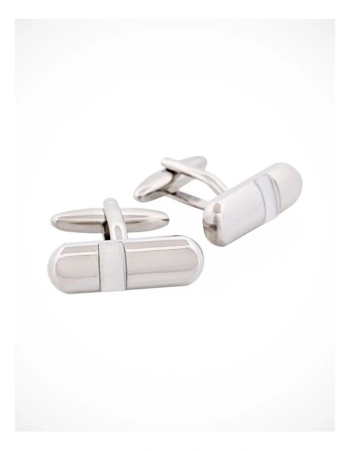 Polished Rhodium Plated & White Cats Eye Tube Cufflinks image 2