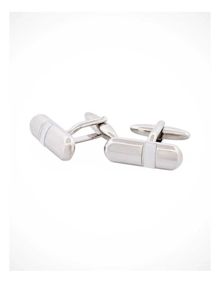 Polished Rhodium Plated & White Cats Eye Tube Cufflinks image 3
