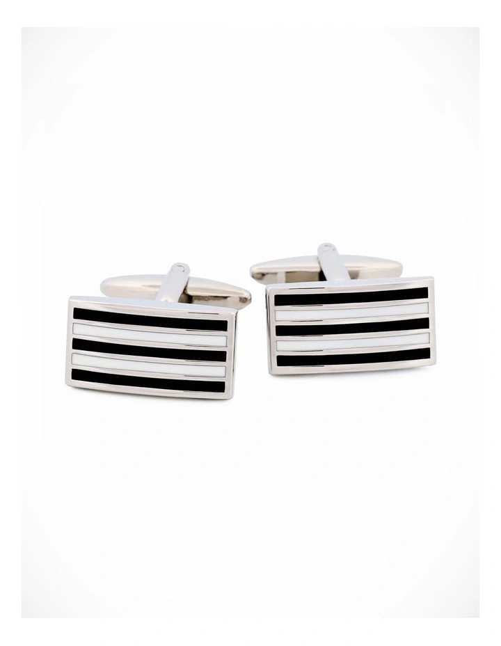 Rhodium Black White Enamel Cufflinks image 1