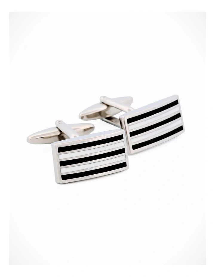 Rhodium Black White Enamel Cufflinks image 2
