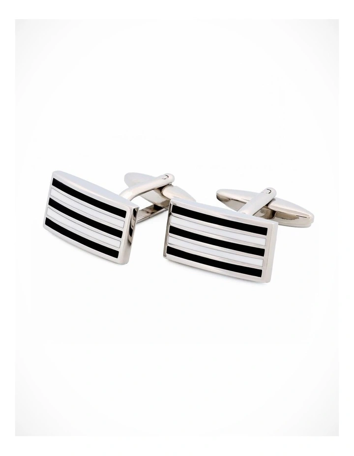 Rhodium Black White Enamel Cufflinks image 3