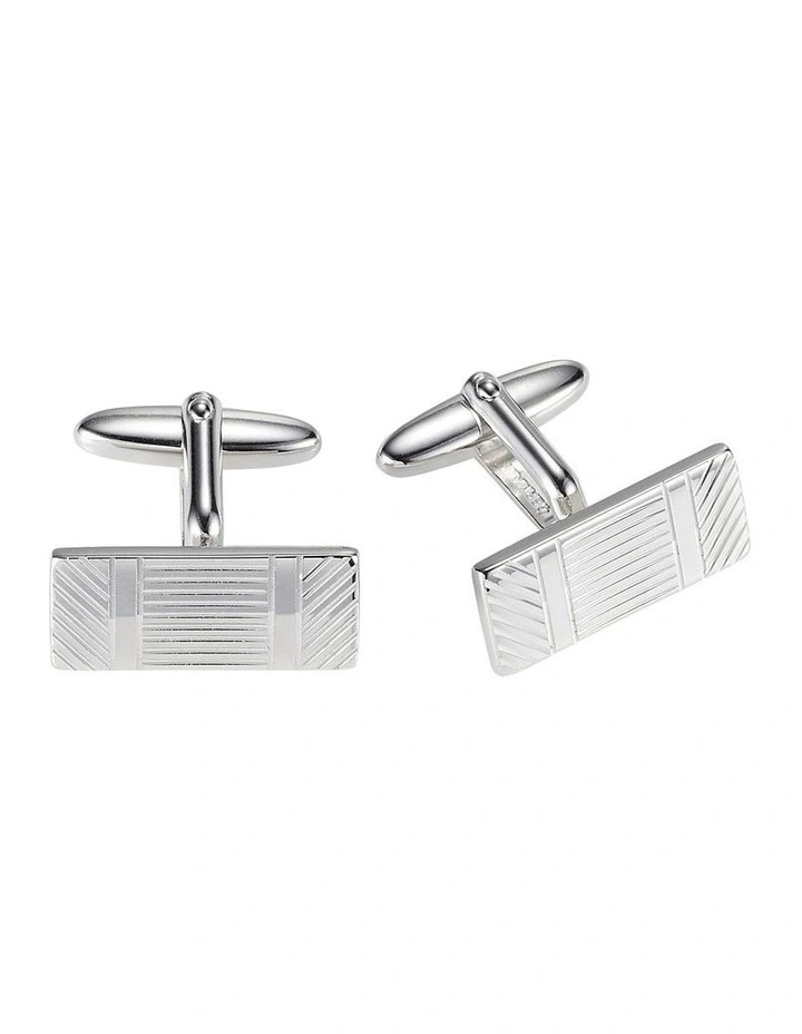 Polished Rhodium Plated Variegated Stripe Pattern Rectangle Cufflinks image 1