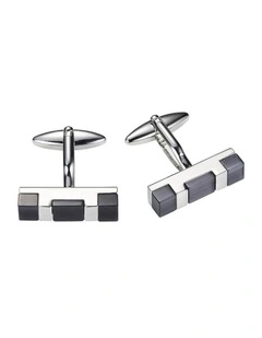 Polished Rhodium Plated Bar Cufflinks with Charcoal Cats Eye