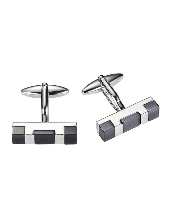 Polished Rhodium Plated Bar Cufflinks with Charcoal Cats Eye image 1