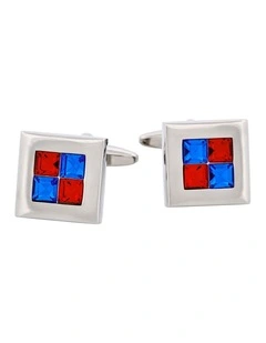 Rhodium Plated Siam & Sapphire Crystal Check Cufflinks