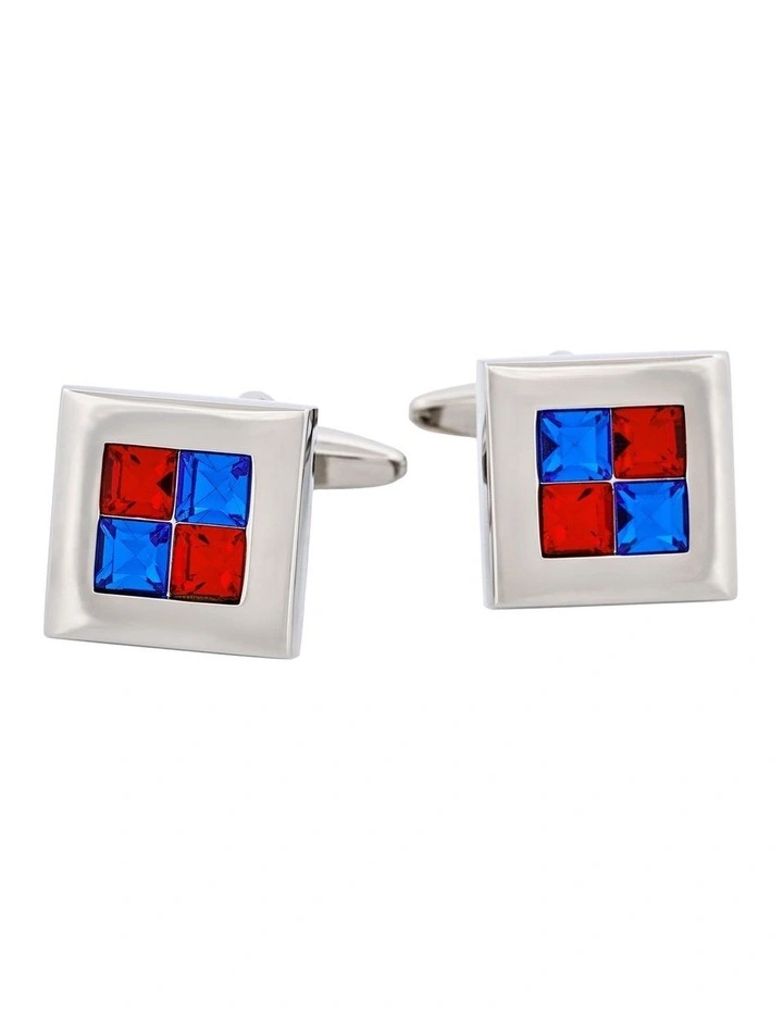 Rhodium Plated Siam & Sapphire Crystal Check Cufflinks image 1