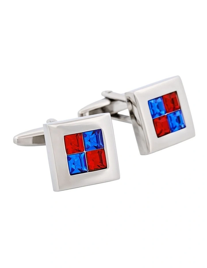Rhodium Plated Siam & Sapphire Crystal Check Cufflinks image 2