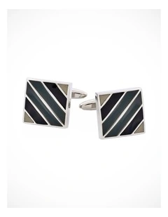 Polished Rhodium Plated Square Cufflinks with Black & Grey Diagonal Enamel Stripes