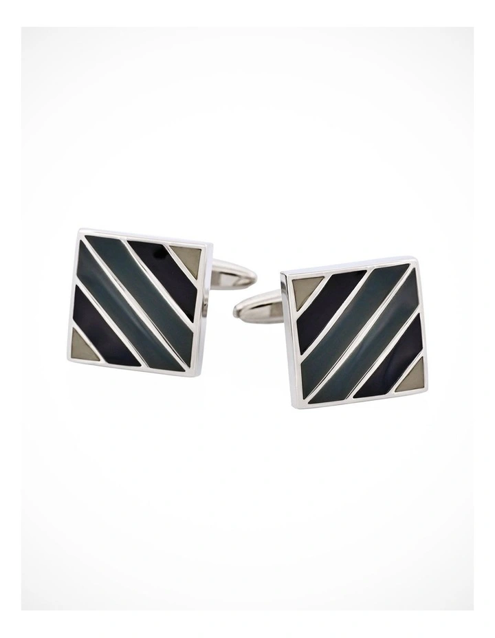 Polished Rhodium Plated Square Cufflinks with Black & Grey Diagonal Enamel Stripes image 1