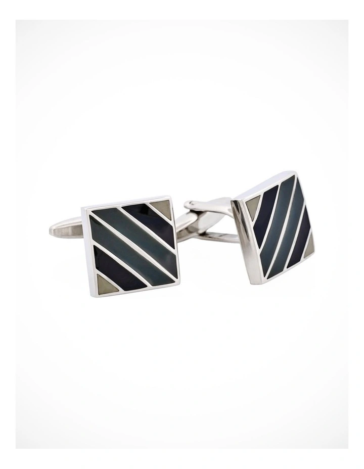 Polished Rhodium Plated Square Cufflinks with Black & Grey Diagonal Enamel Stripes image 2