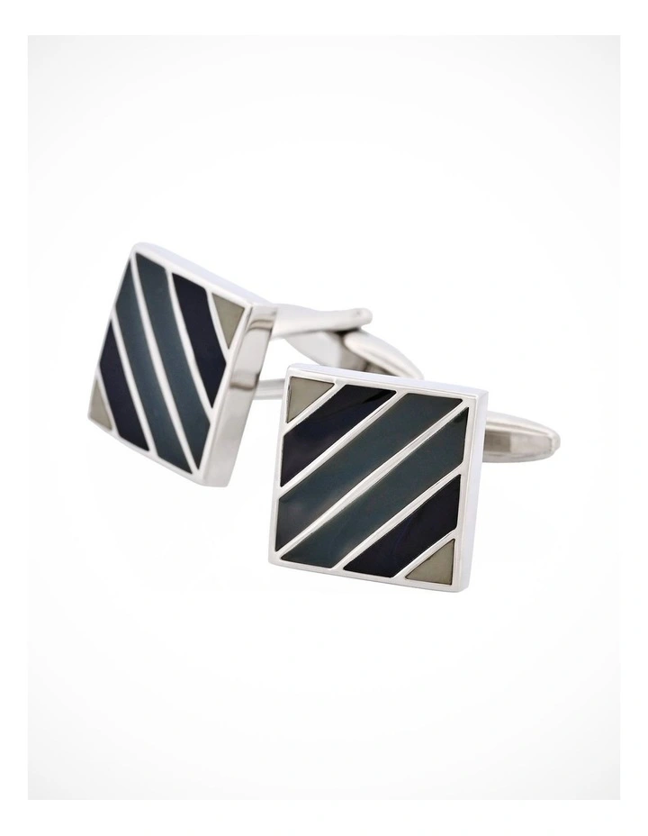 Polished Rhodium Plated Square Cufflinks with Black & Grey Diagonal Enamel Stripes image 3