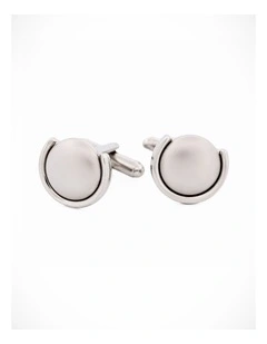 Rhodium Plated Round Pearl Plated Inlay Cufflinks