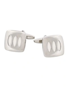 Triple White Enamel Inlays on Rhodium Plated Cushion-Shape Cufflinks