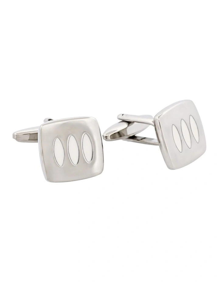 Triple White Enamel Inlays on Rhodium Plated Cushion-Shape Cufflinks image 2