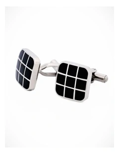 Polished Cushion-Shape Stainless Steel with Black Enamel Grid Cufflinks