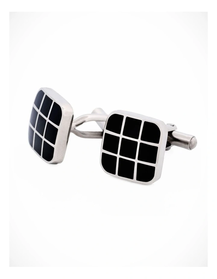 Polished Cushion-Shape Stainless Steel with Black Enamel Grid Cufflinks image 1