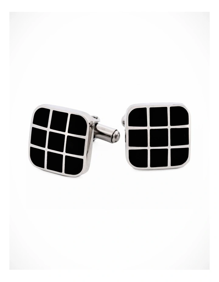 Polished Cushion-Shape Stainless Steel with Black Enamel Grid Cufflinks image 2