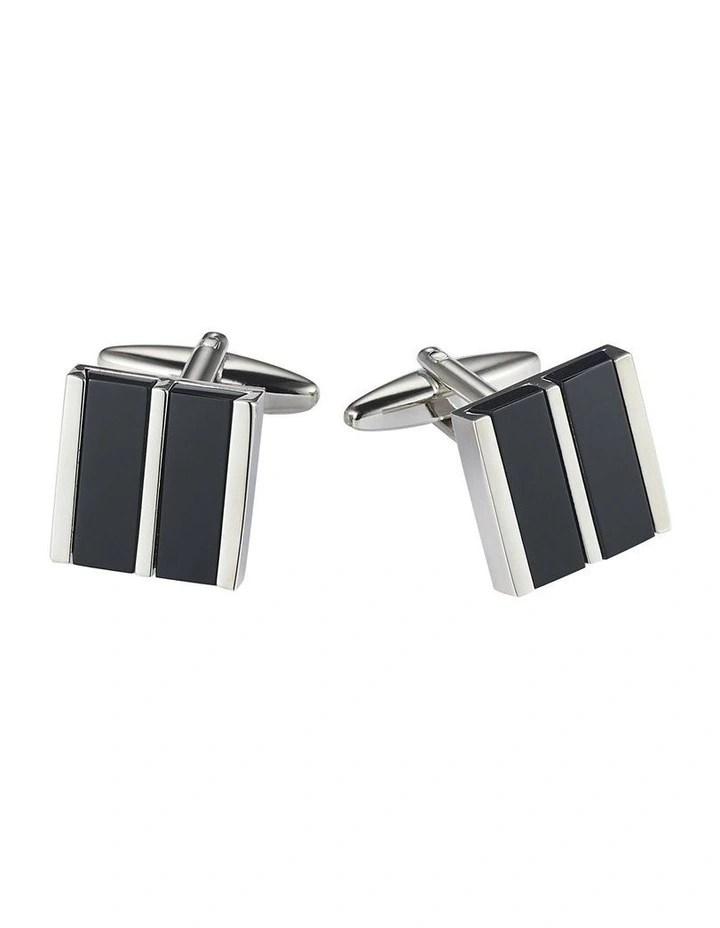 Rhodium Plated Striped Onyx Cufflinks image 1