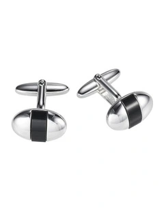 Polished Rhodium Plated Oval Cufflinks with Onyx Inlay