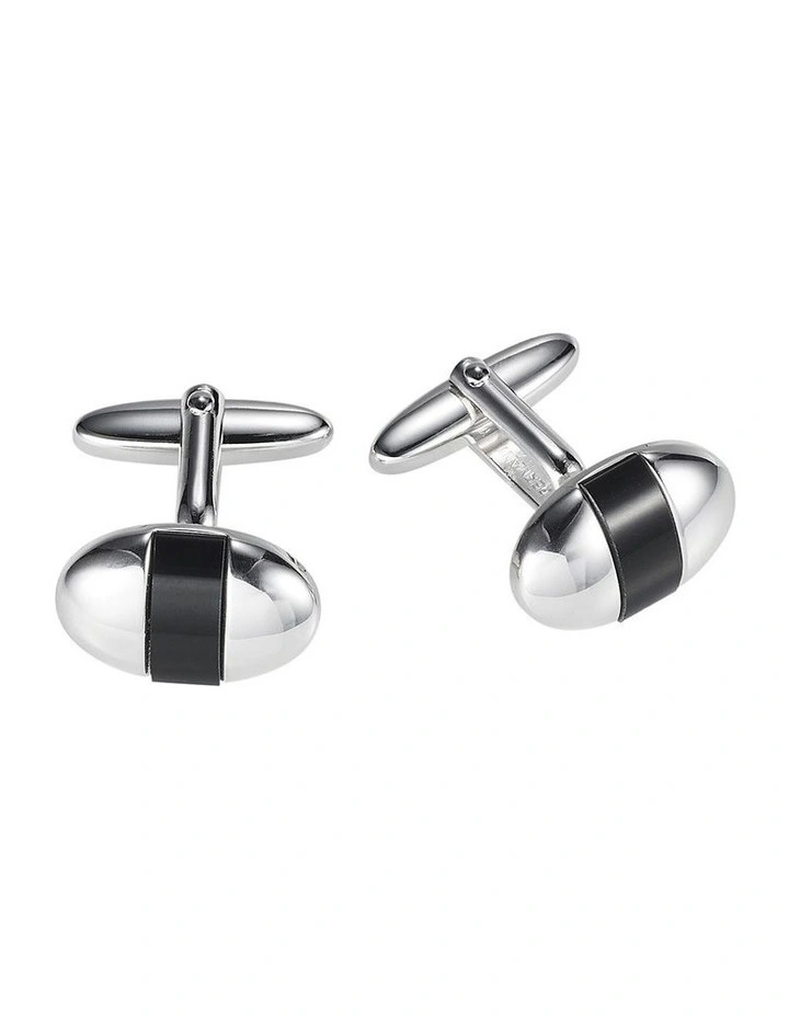 Polished Rhodium Plated Oval Cufflinks with Onyx Inlay image 1