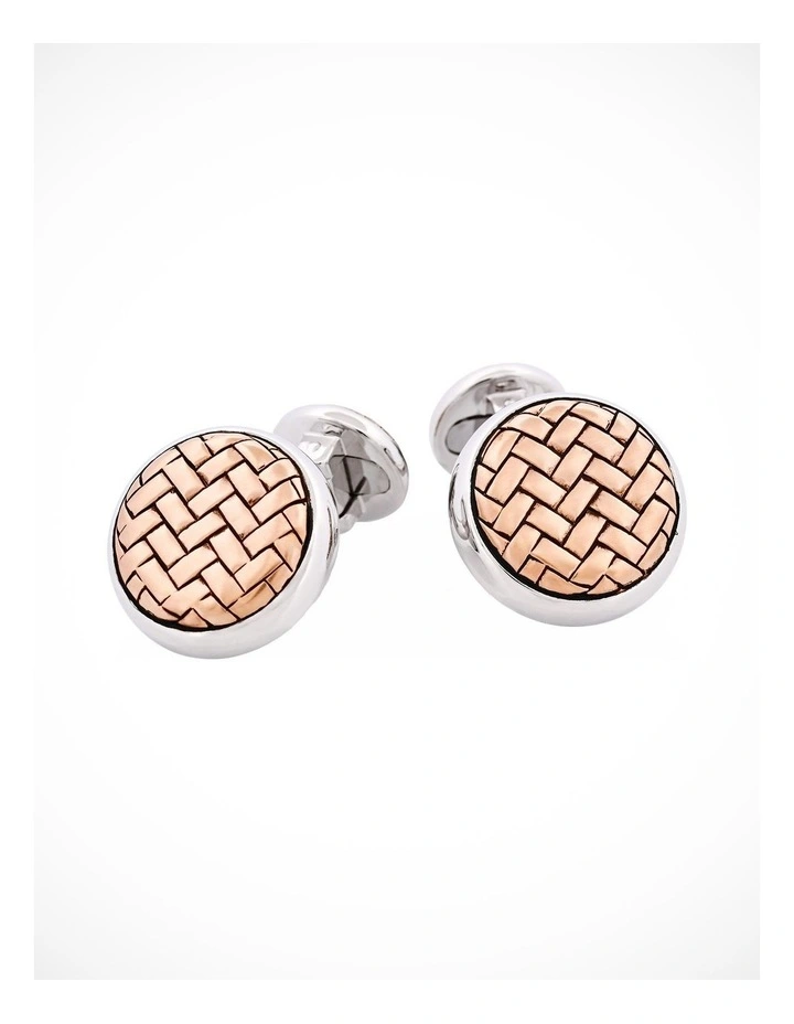 Rhodium Plated & Rose Gold Plated Sterling Silver Round Weave Cufflinks image 1
