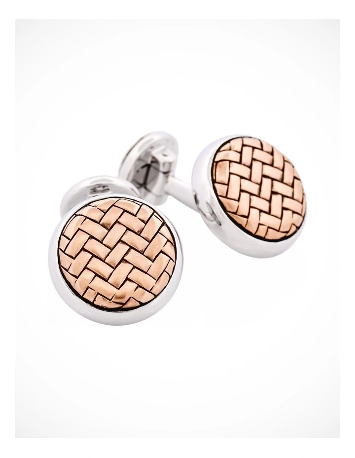 Rhodium Plated & Rose Gold Plated Sterling Silver Round Weave Cufflinks image 2