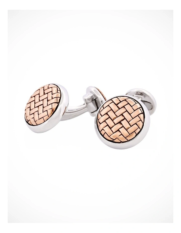 Rhodium Plated & Rose Gold Plated Sterling Silver Round Weave Cufflinks image 3
