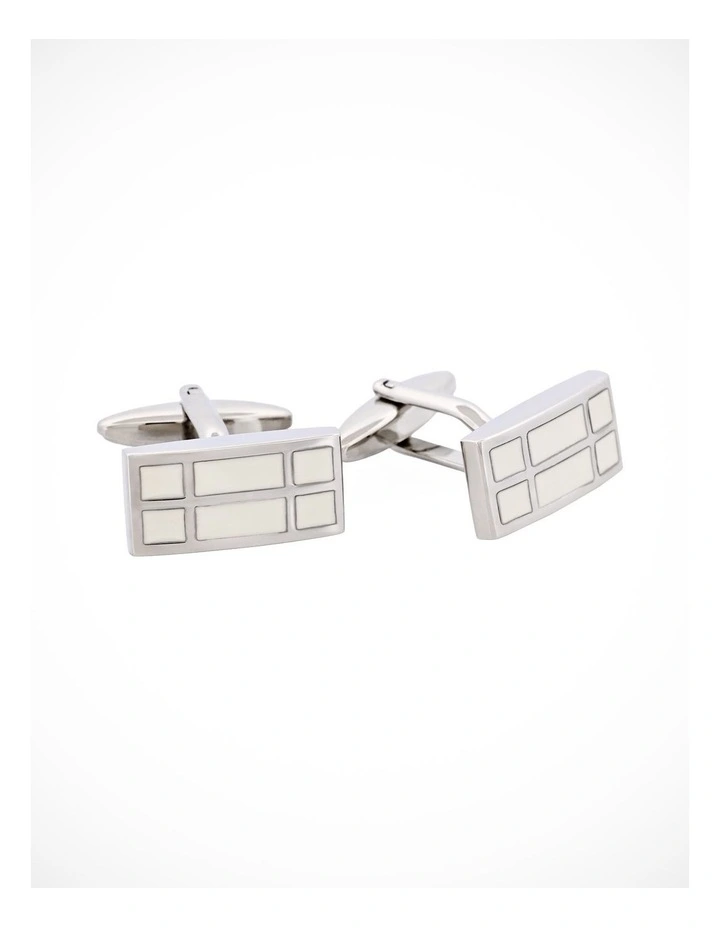 Rhodium & White Enamel Rectangle Cufflinks image 2