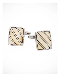 Polished Rhodium Stripe Yellow Mother Of Pearl Cufflinks
