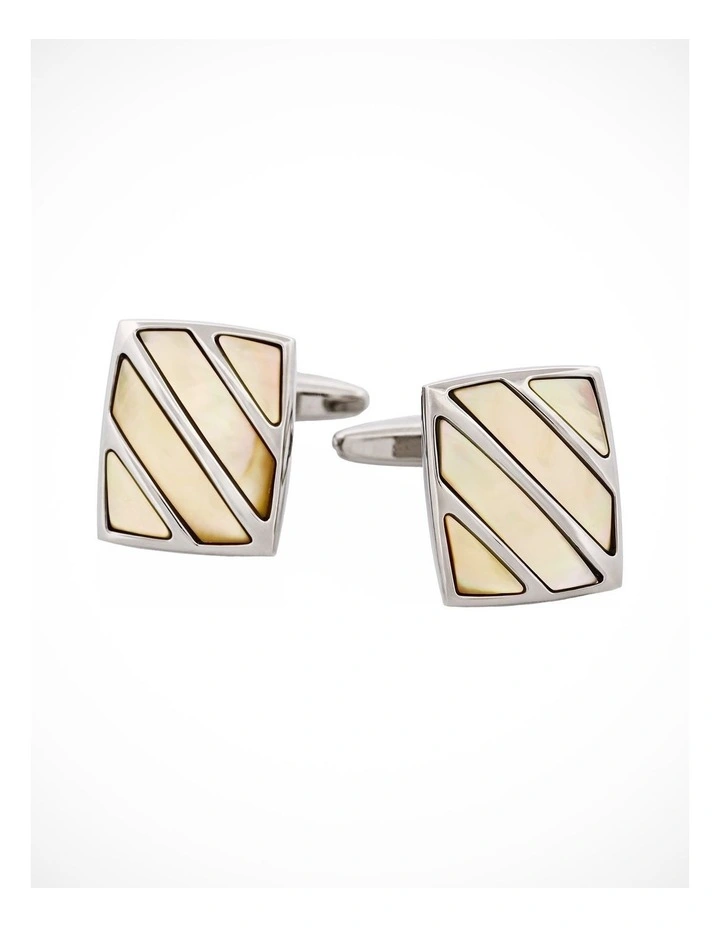 Polished Rhodium Stripe Yellow Mother Of Pearl Cufflinks image 1