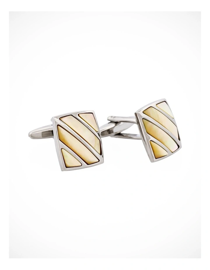Polished Rhodium Stripe Yellow Mother Of Pearl Cufflinks image 2