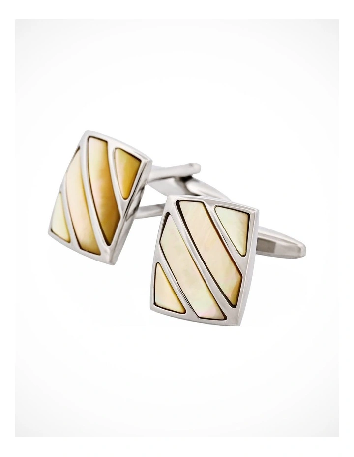 Polished Rhodium Stripe Yellow Mother Of Pearl Cufflinks image 3
