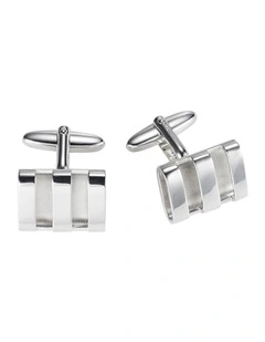 Polished & Raw Rhodium Plated Hollow Triple Band Rectangle Cufflinks